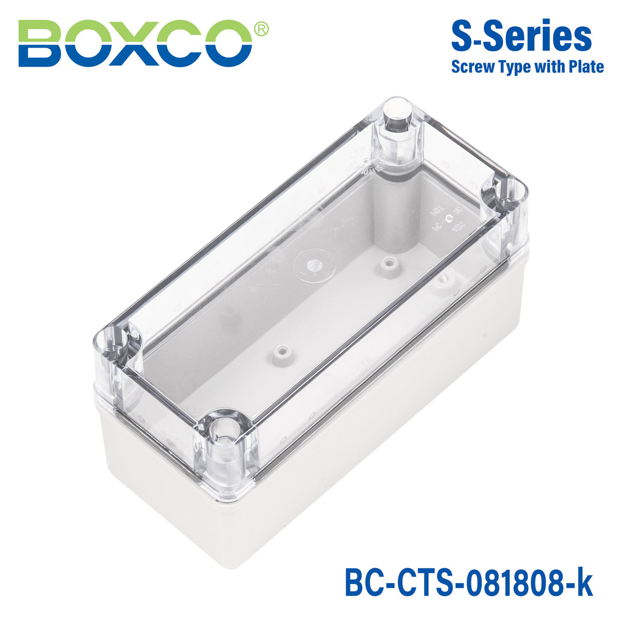 Boxco S-Series 3.15 x 7.09 x 3.35 Inches(80 x 180 x 85mm) Plastic Enclosure, IP67, IK08, PC, Transparent Cover, Screw Type