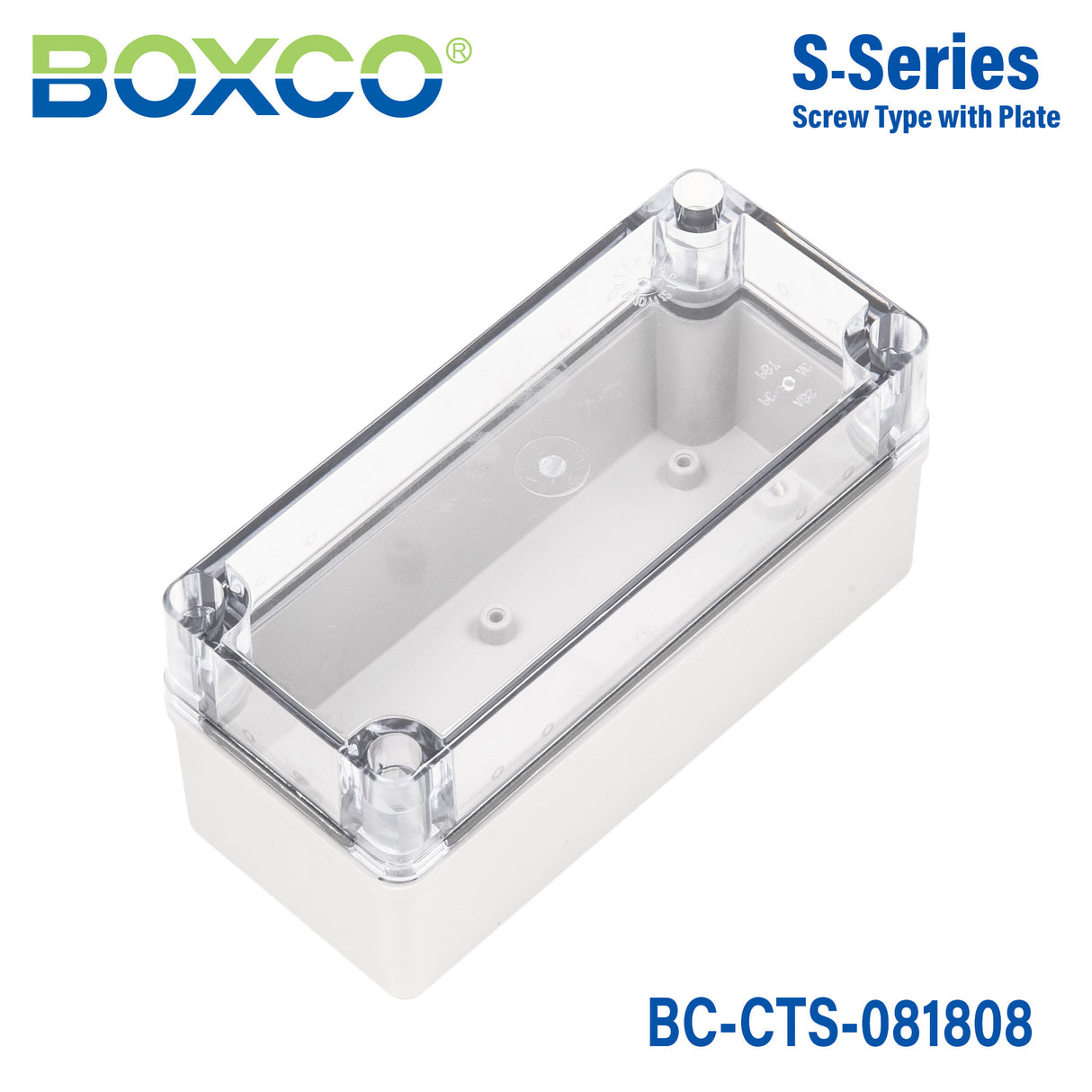 Boxco S-Series 3.15 x 7.09 x 3.35 Inches(80x180x85mm) Plastic Enclosure, IP67, IK08, PC, Transparent Cover, Screw Type