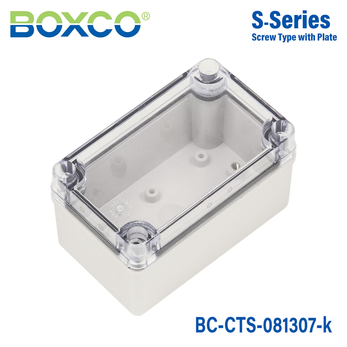 Boxco S-Series 3.15 x 5.12 x 2.76 Inches(80 x 130 x 70mm) Plastic Enclosure, IP67, IK08, PC, Transparent Cover, Screw Type