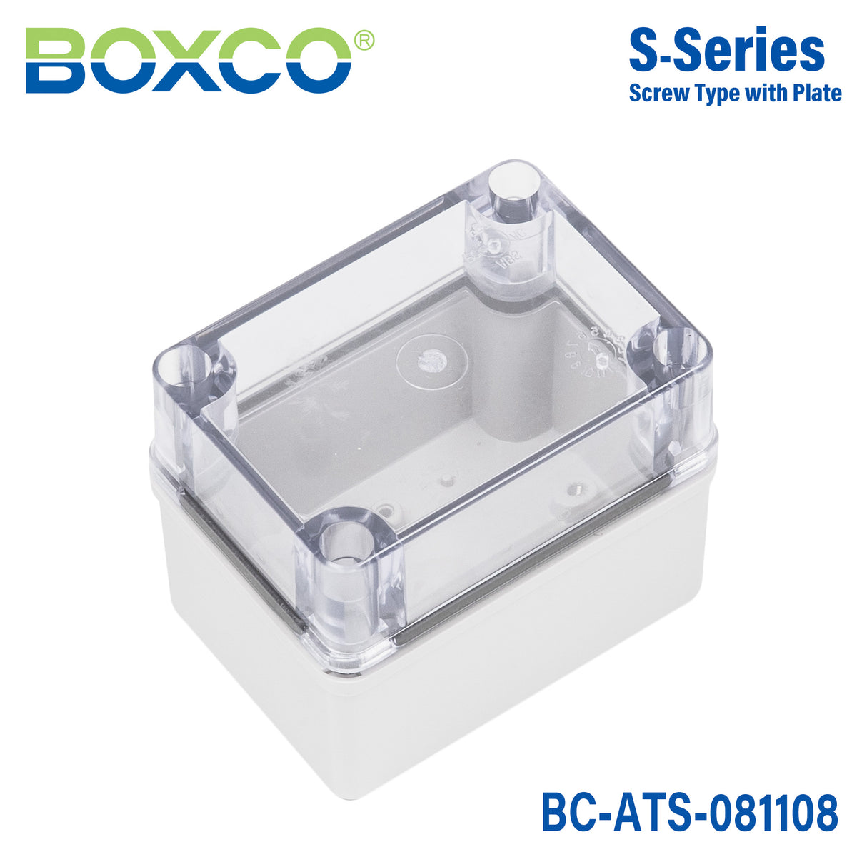 Boxco S-Series 3.15 x 4.33 x 3.35 Inches(80x110x85mm) Plastic Enclosure, IP67, IK08, ABS, Transparent Cover, Screw Type