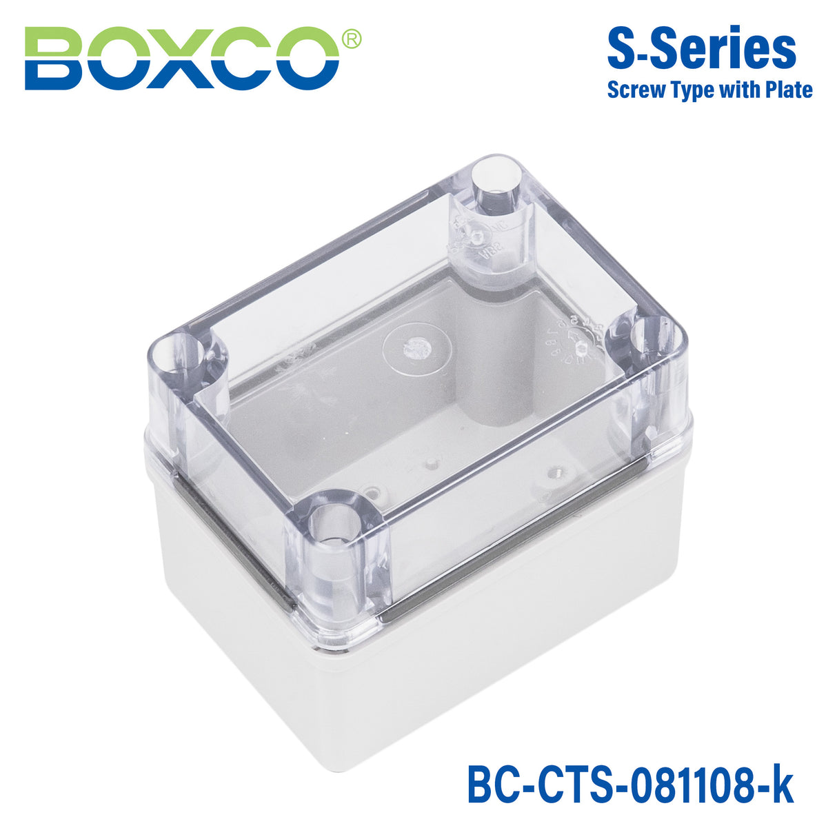 Boxco S-Series 3.15 x 4.33 x 3.35 Inches(80 x 110 x 85mm) Plastic Enclosure, IP67, IK08, PC, Transparent Cover, Screw Type