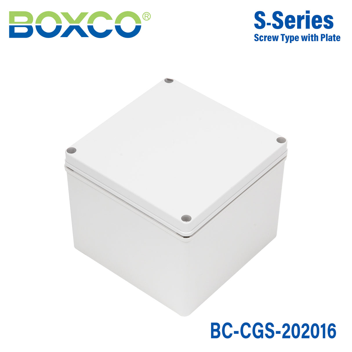 Boxco S-Series 7.87 x 7.87 x 6.3 Inches(200x200x160mm) Plastic Enclosure, IP67, IK08, PC, Grey Cover, Screw Type