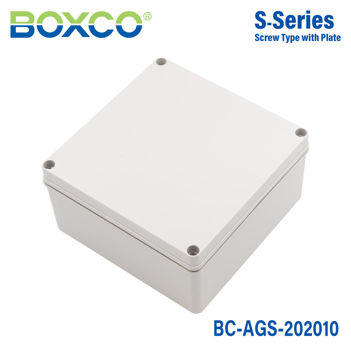 Boxco S-Series 7.87 x 7.87 x 3.94 Inches(200x200x100mm) Plastic Enclosure, IP67, IK08, ABS, Grey Cover, Screw Type