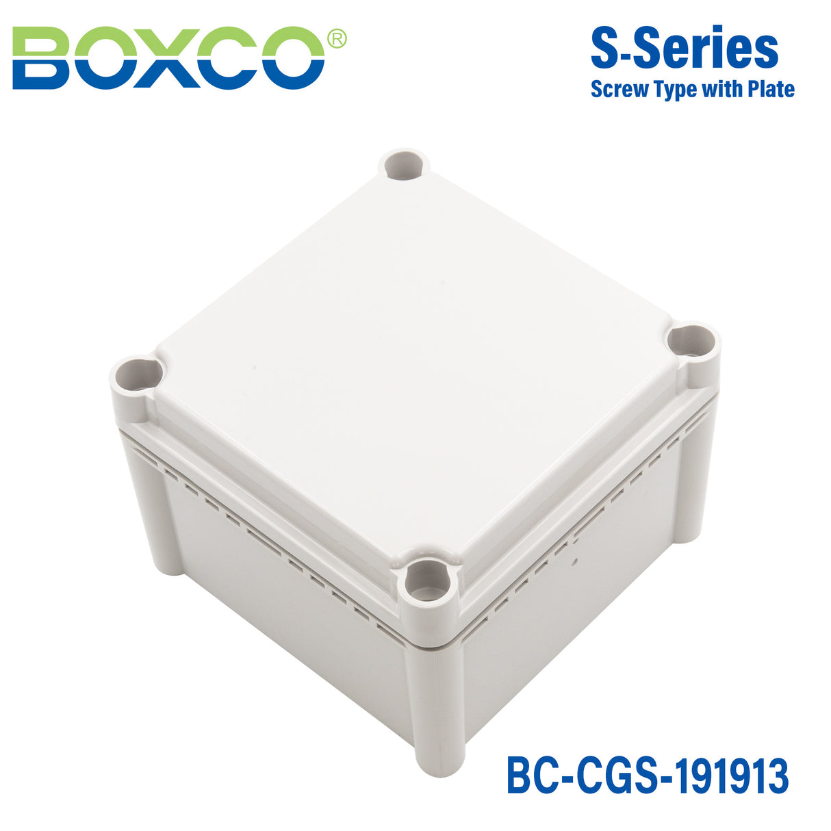Boxco S-Series 7.48 x 7.48 x 5.12 Inches(190x190x130mm) Plastic Enclosure, IP67, IK08, PC, Grey Cover, Screw Type