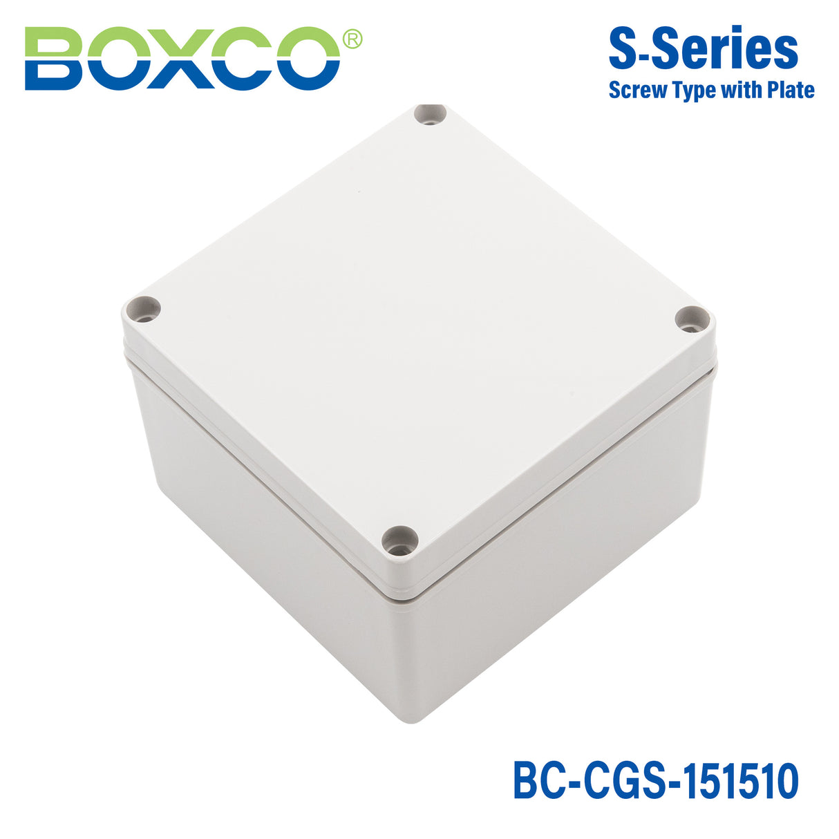 Boxco S-Series 5.91 x 5.91 x 3.94 Inches(150x150x100mm) Plastic Enclosure, IP67, IK08, PC, Grey Cover, Screw Type