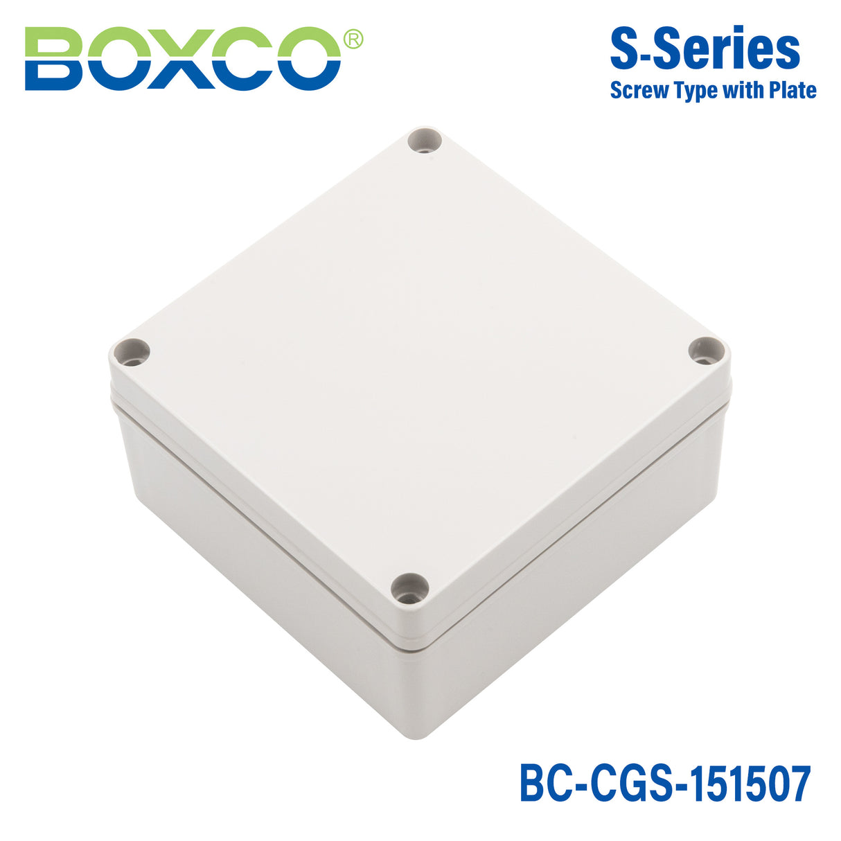 Boxco S-Series 5.91 x 5.91 x 2.95 Inches(150x150x75mm) Plastic Enclosure, IP67, IK08, PC, Grey Cover, Screw Type