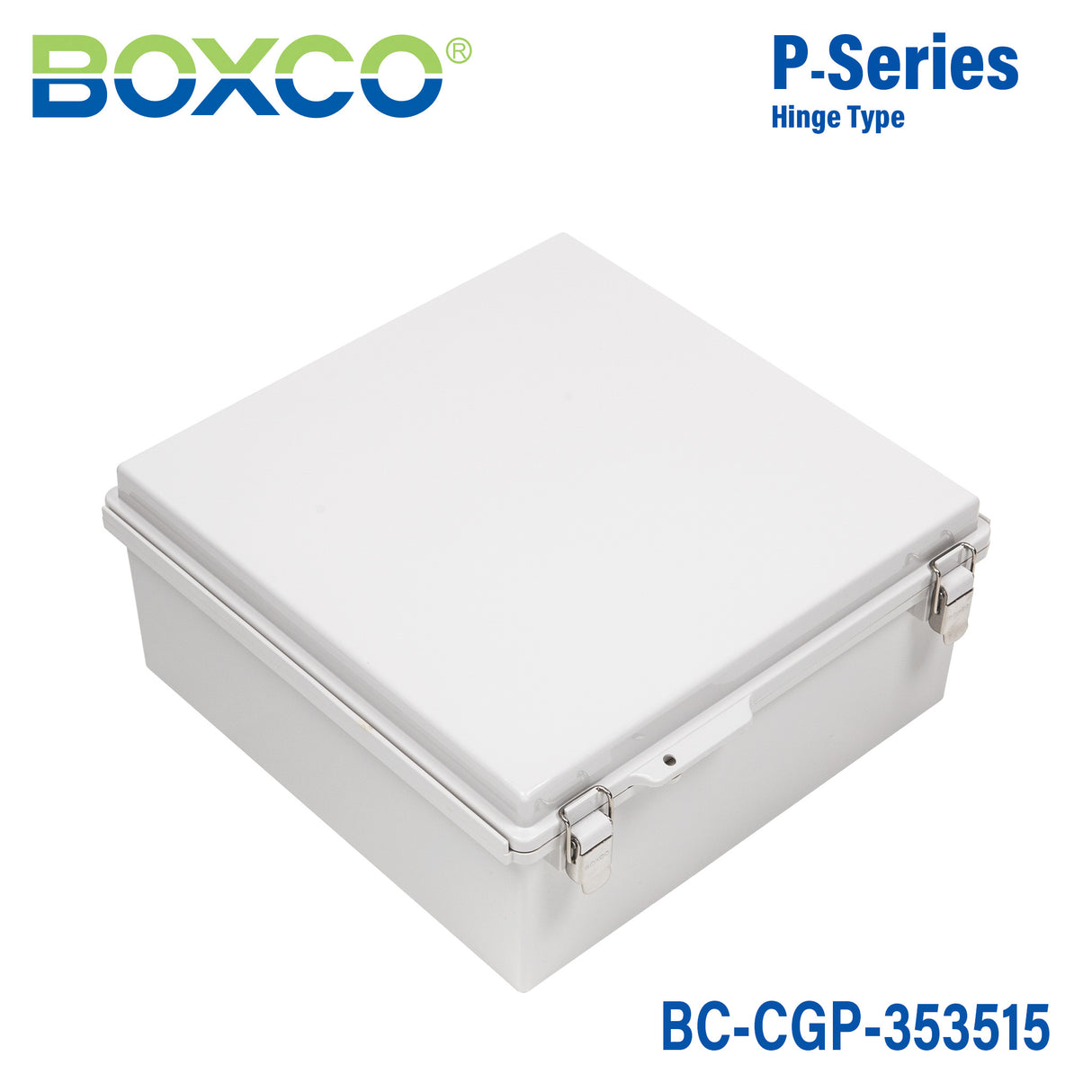 Boxco P-Series 13.78 x 13.78 x 5.91 Inches(350 x 350 x 150mm) Plastic Enclosure, IP67, IK08, PC, Grey Cover, Molded Hinge and Latch Type