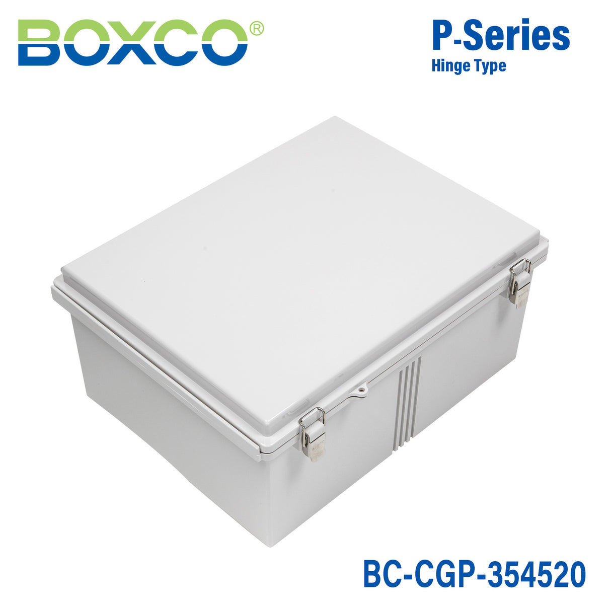 Boxco P-Series 13.78 x 17.72 x 7.87 Inches(350 x 450 x 200mm) Plastic Enclosure, IP67, IK08, PC, Grey Cover, Molded Hinge and Latch Type