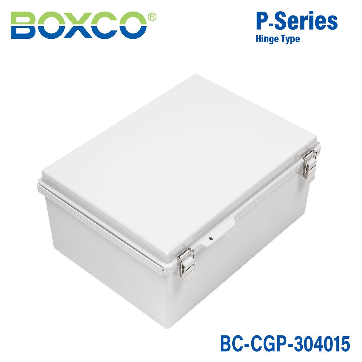Boxco P-Series 11.81 x 15.75 x 5.91 Inches(300 x 400 x 150mm) Plastic Enclosure, IP67, IK08, PC, Grey Cover, Molded Hinge and Latch Type