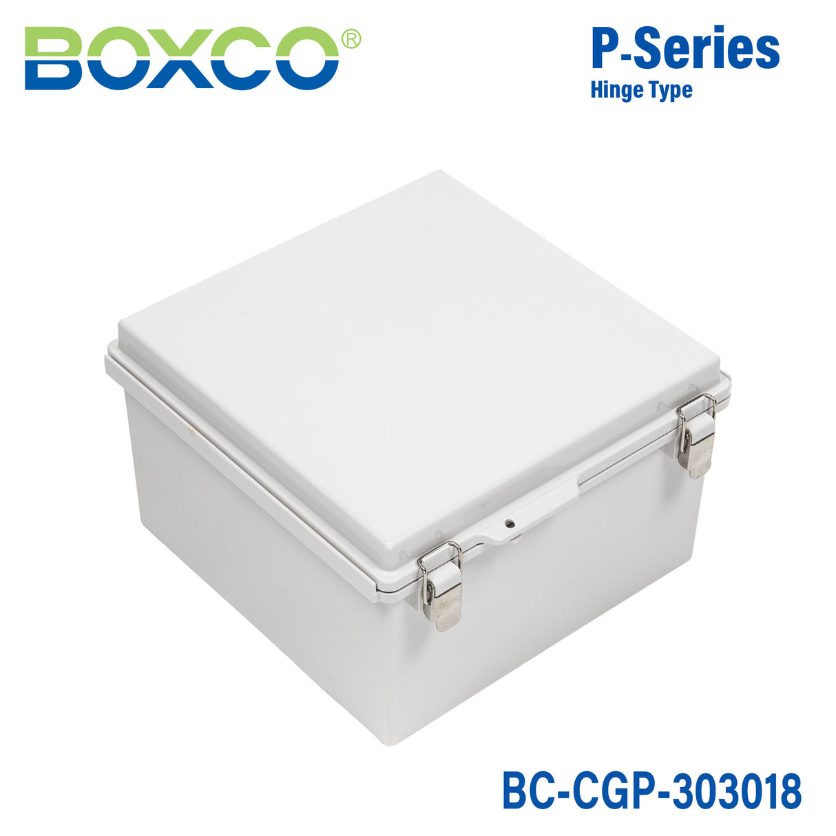 Boxco P-Series 11.81 x 11.81 x 7.09 Inches(300 x 300 x 180mm) Plastic Enclosure, IP67, IK08, PC, Grey Cover, Molded Hinge and Latch Type