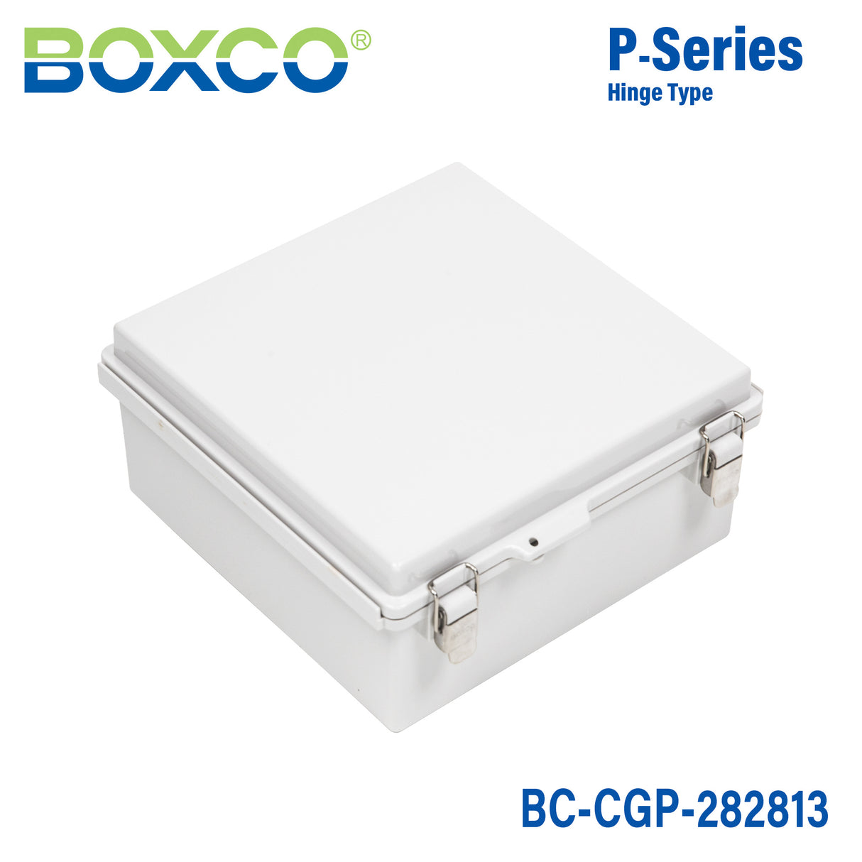 Boxco P-Series 11.02 x 11.02 x 5.12 Inches(280 x 280 x 130mm) Plastic Enclosure, IP67, IK08, PC, Grey Cover, Molded Hinge and Latch Type