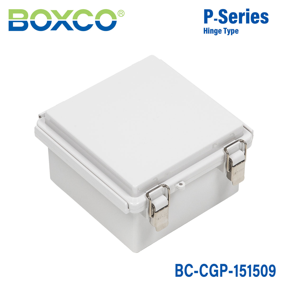 Boxco P-Series 5.91 x 5.91 x 3.54 Inches(150 x 150 x 90mm) Plastic Enclosure, IP67, IK08, PC, Grey Cover, Molded Hinge and Latch Type