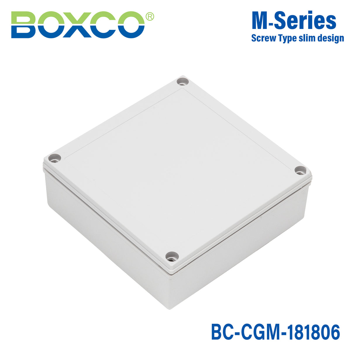 Boxco M-Series 7.09 x 7.09 x 2.36 Inches(180 x 180 x 60mm) Plastic Enclosure, IP67, IK08, PC, Grey Cover, Screw Type