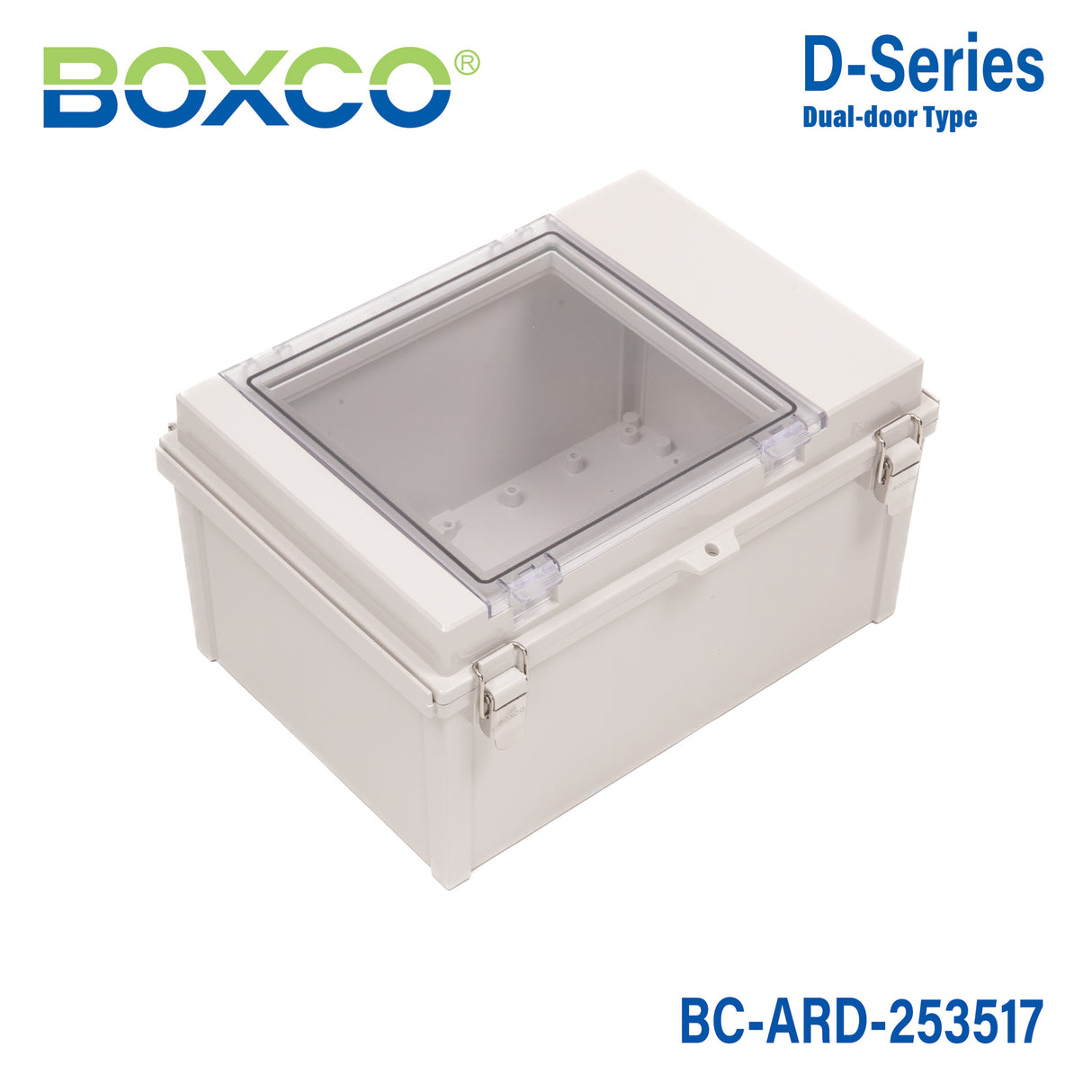 Boxco D-Series 13.78 x 9.84 x 6.69 Inches(350 x 250 x 170mm) All In One Dual Door Box Enclosure, IP67, IK08, ABS, Grey Cover