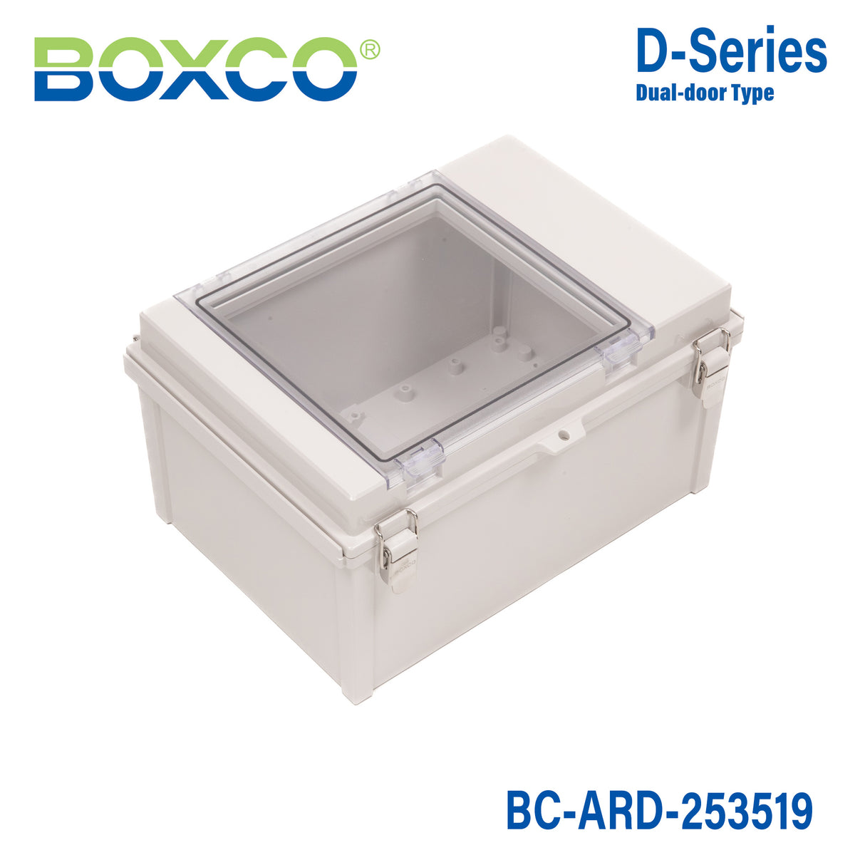 Boxco D-Series 13.78 x 9.84 x 7.48 Inches(350 x 250 x 190mm) All In One Dual Door Box Enclosure, IP67, IK08, ABS, Grey Cover