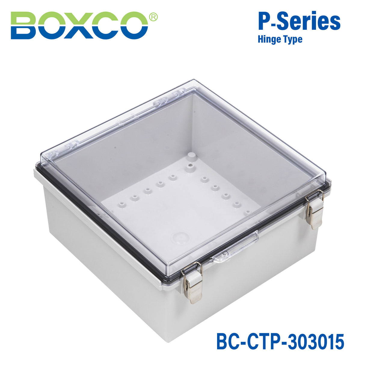 Boxco P-Series 11.81 x 11.81 x 5.91 Inches(300 x 300 x 150mm) Plastic Enclosure, IP67, IK08, PC, Transparent Cover, Molded Hinge and Latch Type