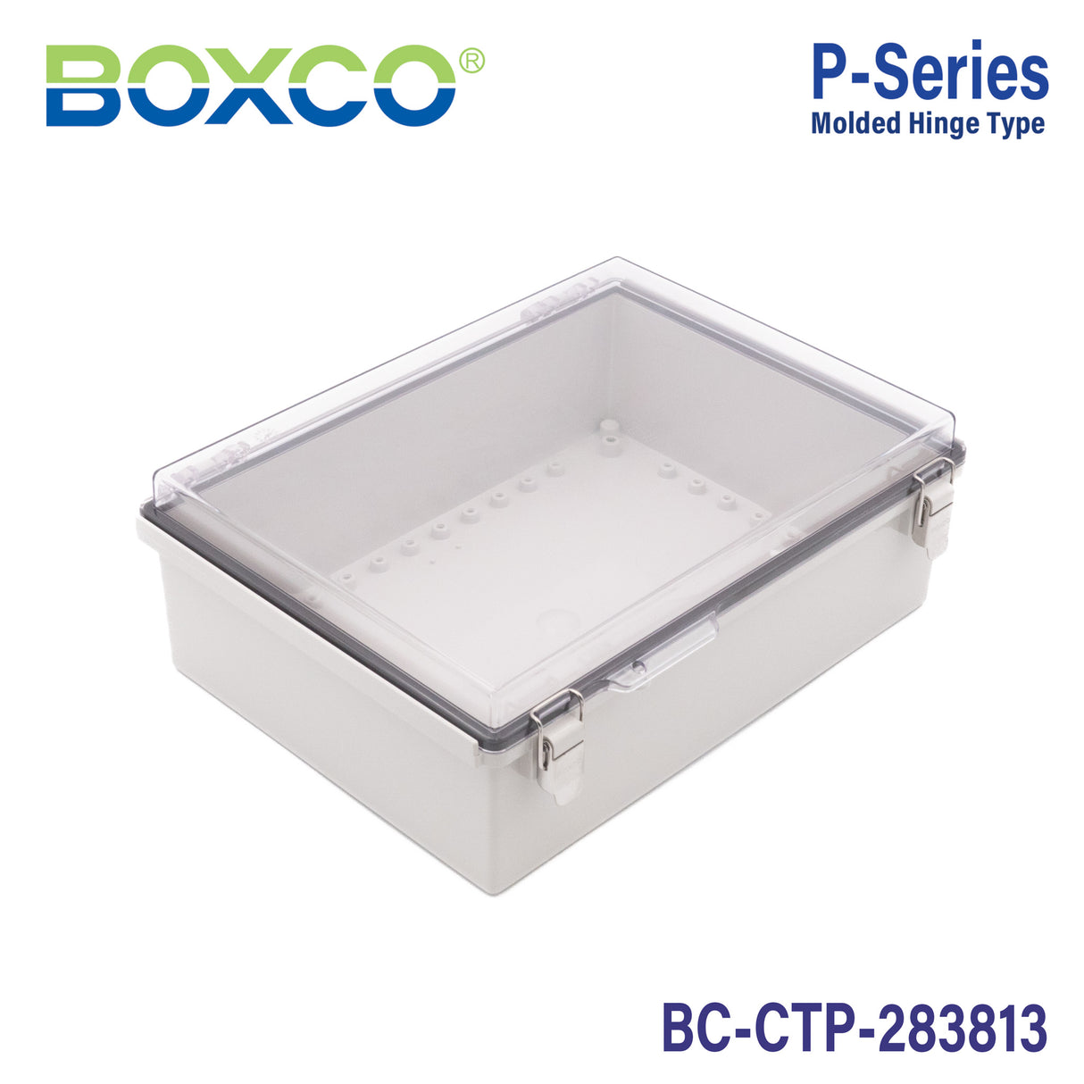 Boxco P-Series 11.02 x 14.96 x 5.12 Inches(280 x 380 x 130mm) Plastic Enclosure, IP67, IK08, PC, Transparent Cover, Molded Hinge and Latch Type