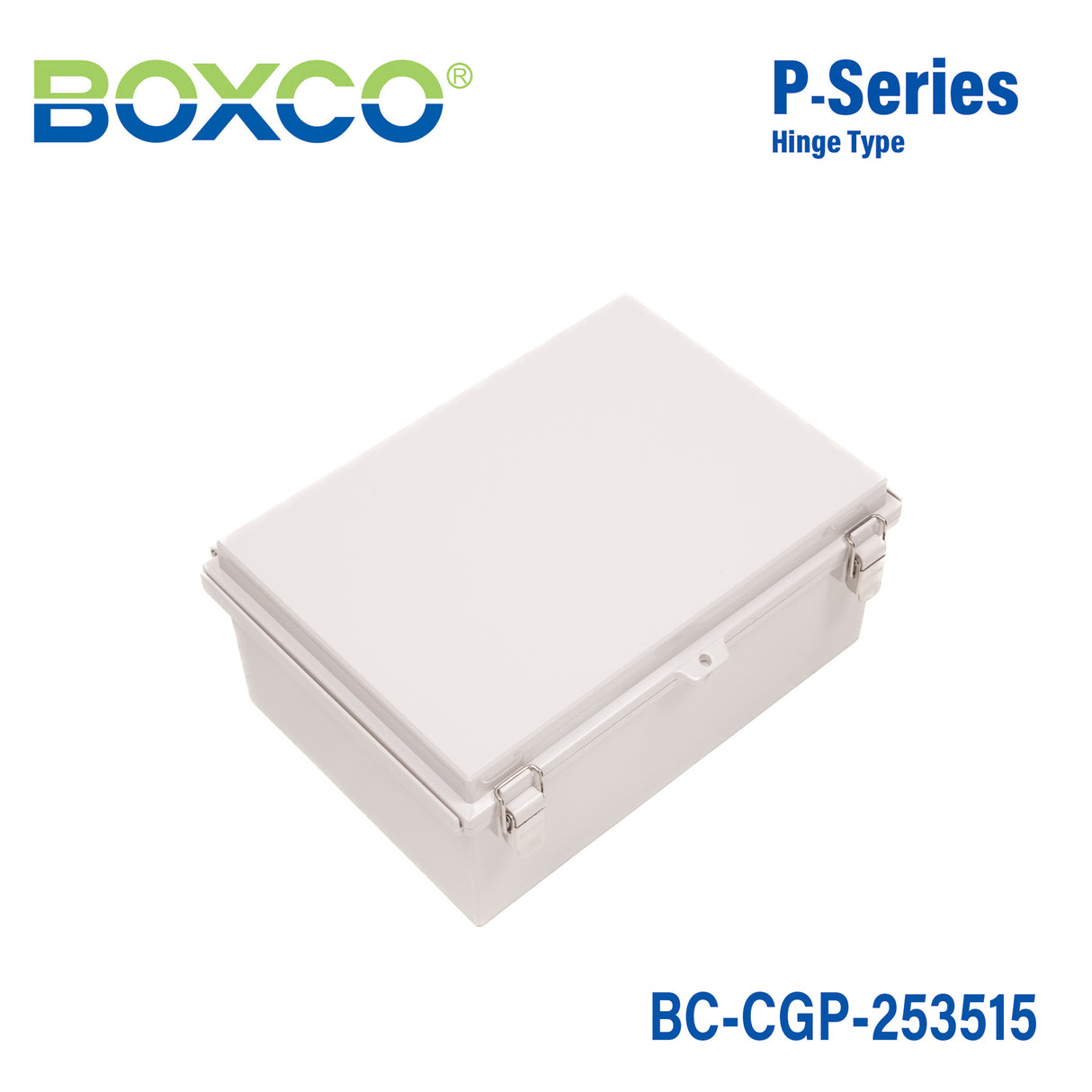Boxco P-Series 9.84 x 13.78 x 5.91 Inches(250 x 350 x 150mm) Plastic Enclosure, IP67, IK08, PC, Grey Cover, Molded Hinge and Latch Type