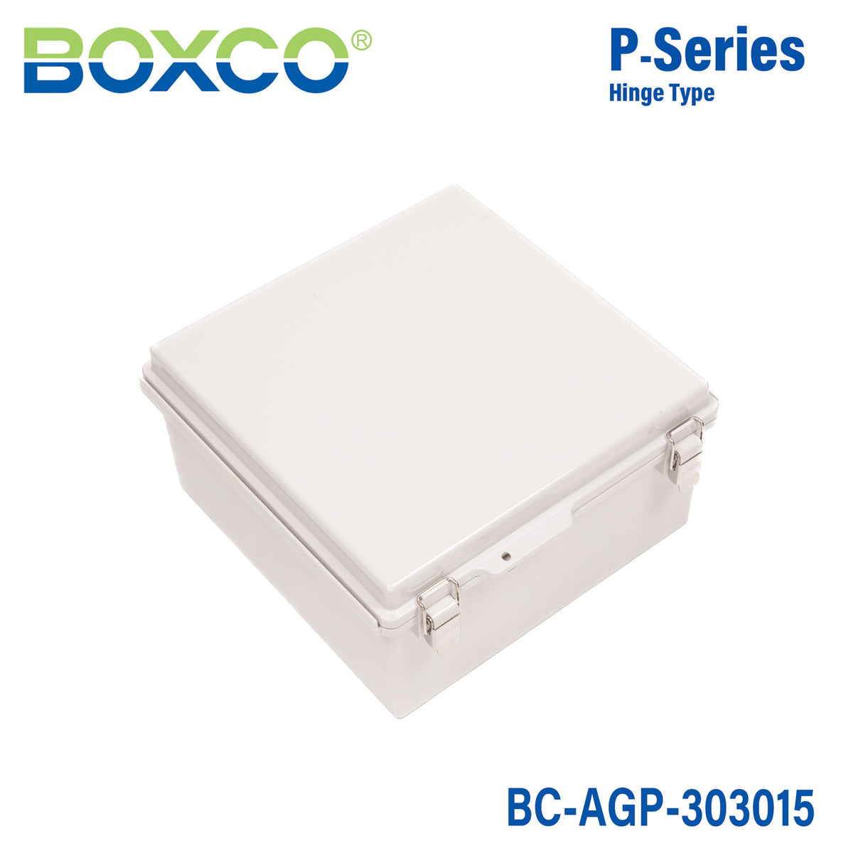 Boxco P-Series 11.81 x 11.81 x 5.91 Inches(300 x 300 x 150mm) Plastic Enclosure, IP67, IK08, ABS, Grey Cover, Molded Hinge and Latch Type