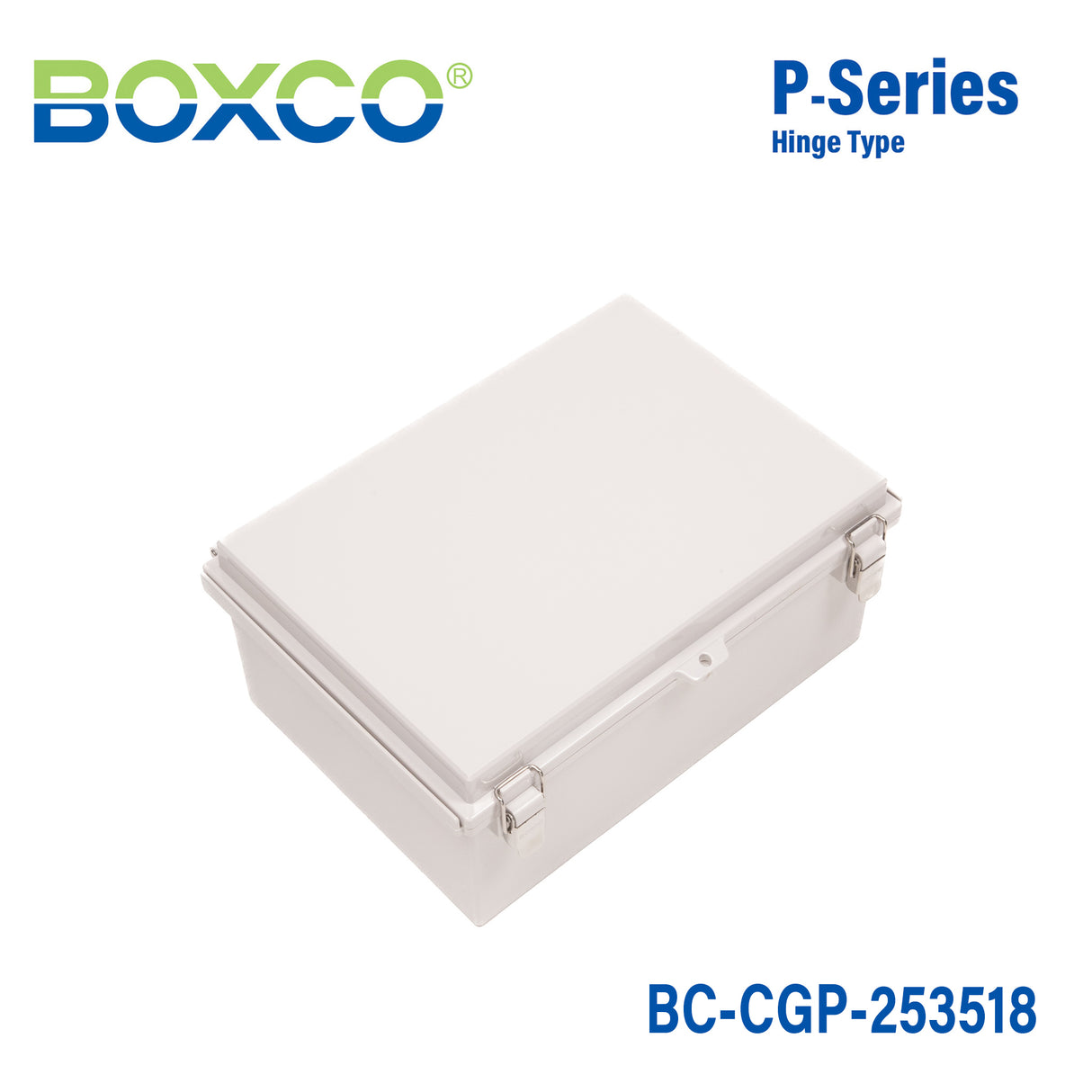 Boxco P-Series 9.84 x 13.78 x 7.09 Inches(250 x 350 x 180mm) Plastic Enclosure, IP67, IK08, PC, Grey Cover, Molded Hinge and Latch Type
