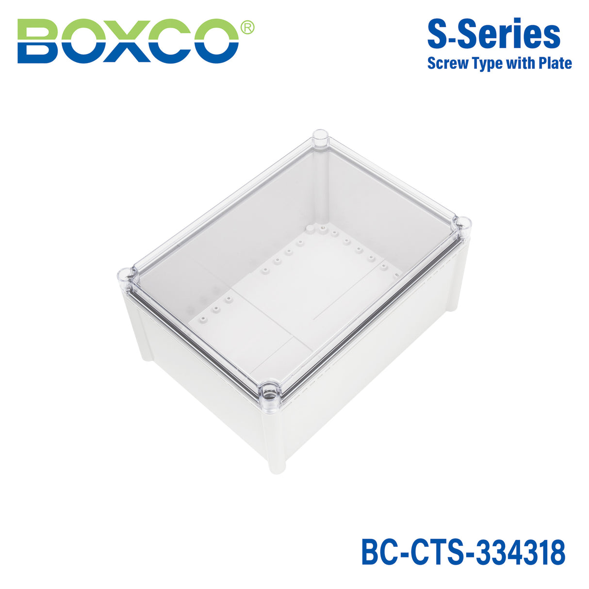 Boxco S-Series 12.99 x 16.93 x 7.09 Inches(330x430x180mm) Plastic Enclosure, IP67, IK08, PC, Transparent Cover, Screw Type