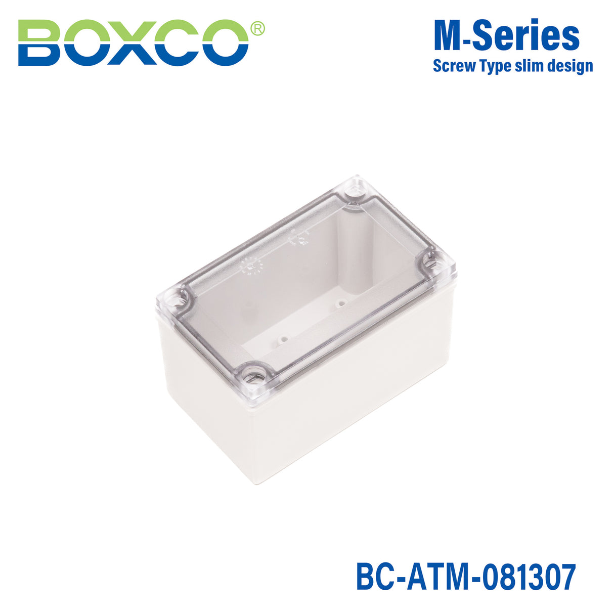 Boxco M-Series 3.15 x 5.12 x 2.95 Inches(80 x 130 x 75mm) Plastic Enclosure, IP67, IK08, ABS, Transparent Cover, Screw Type