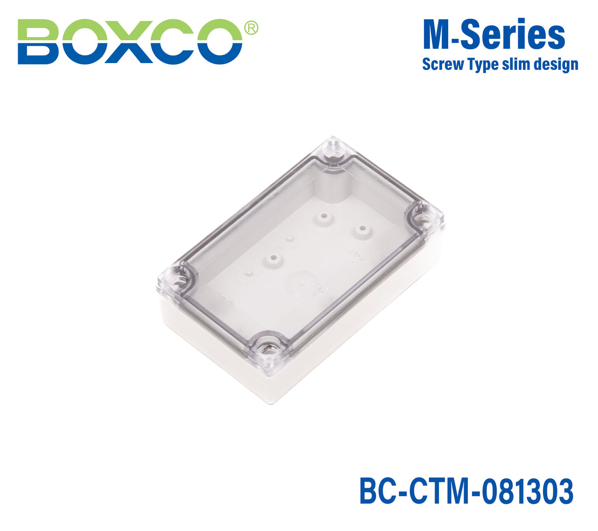 Boxco M-Series 3.15 x 5.12 x 1.38 Inches(80 x 130 x 35mm) Plastic Enclosure, IP67, IK08, PC, Transparent Cover, Screw Type