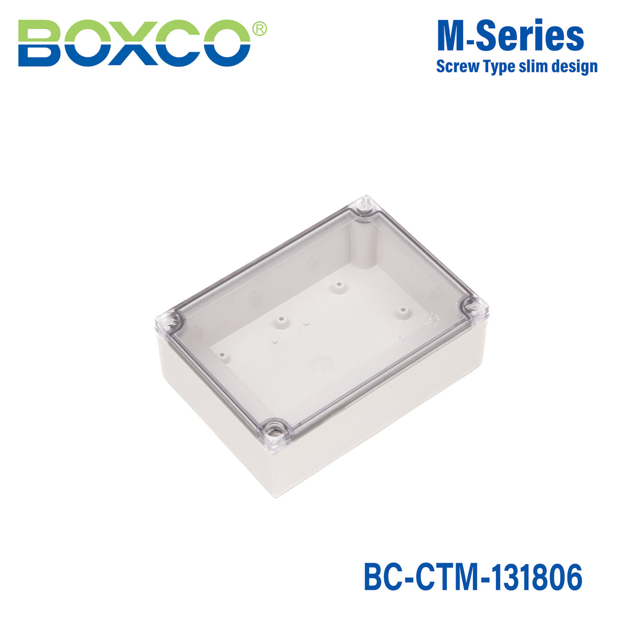 Boxco M-Series 5.12 x 7.09 x 2.36 Inches(130 x 180 x 60mm) Plastic Enclosure, IP67, IK08, PC, Transparent Cover, Screw Type