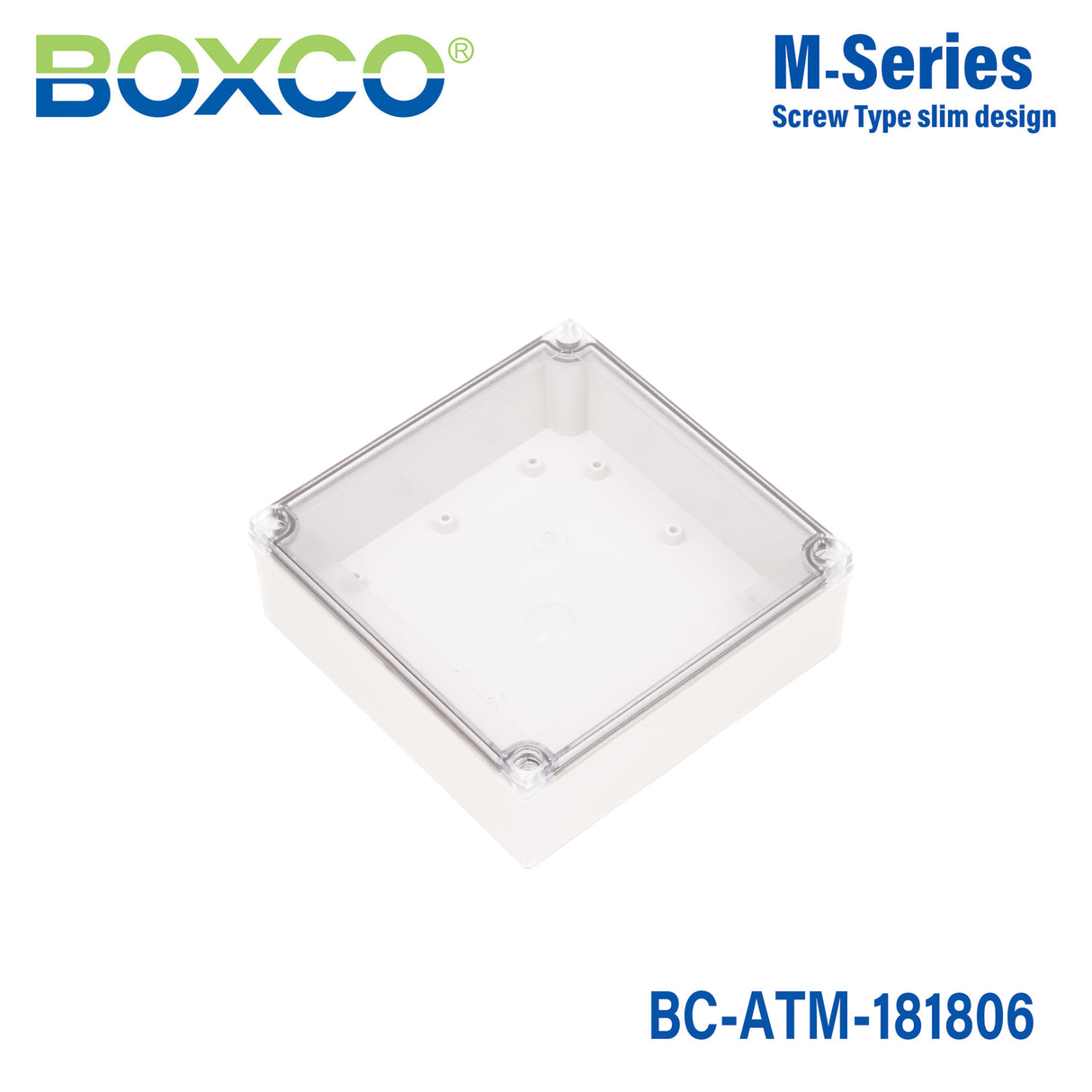 Boxco M-Series 7.09 x 7.09 x 2.36 Inches(180 x 180 x 60mm) Plastic Enclosure, IP67, IK08, ABS, Transparent Cover, Screw Type