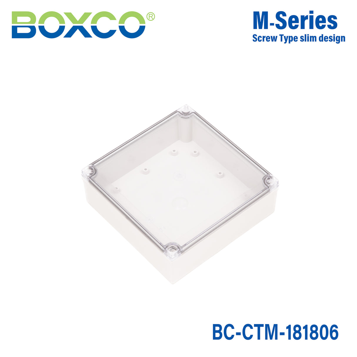 Boxco M-Series 7.09 x 7.09 x 2.36 Inches(180 x 180 x 60mm) Plastic Enclosure, IP67, IK08, PC, Transparent Cover, Screw Type
