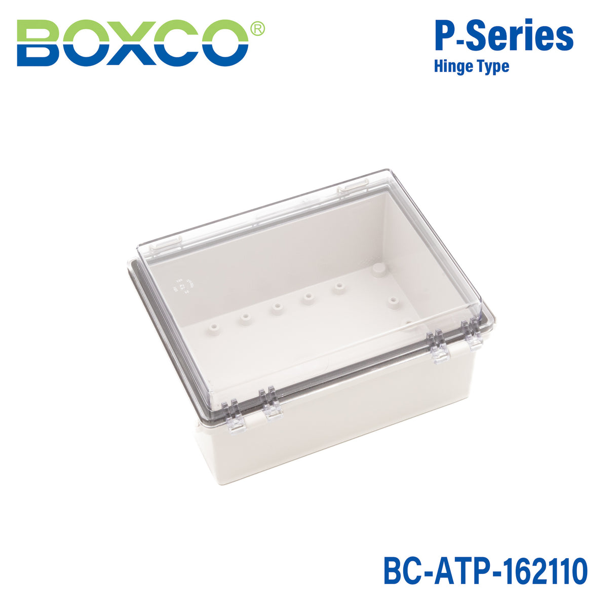 Boxco P-Series 6.30 x 8.27 x 3.94 Inches(160 x 210 x 100mm) Plastic Enclosure, IP67, IK08, ABS, Transparent Cover, Molded Hinge and Latch Type