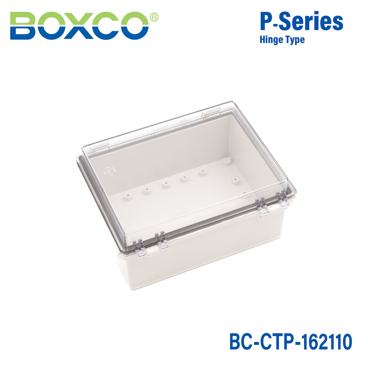 Boxco P-Series 6.30 x 8.27 x 3.94 Inches(160 x 210 x 100mm) Plastic Enclosure, IP67, IK08, PC, Transparent Cover, Molded Hinge and Latch Type