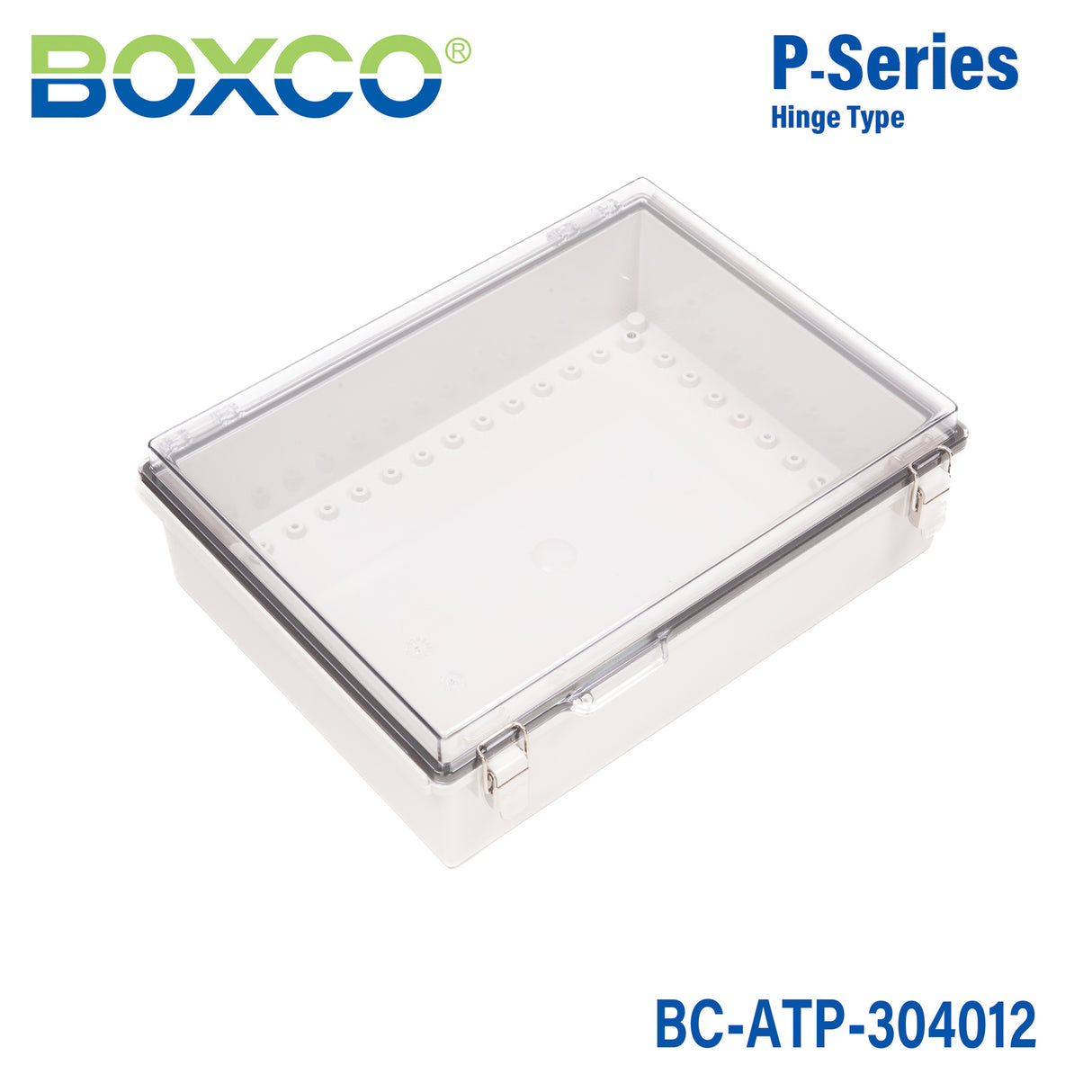 Boxco P-Series 11.81 x 15.75 x 4.72 Inches(300 x 400 x 120mm) Plastic Enclosure, IP67, IK08, ABS, Transparent Cover, Molded Hinge and Latch Type