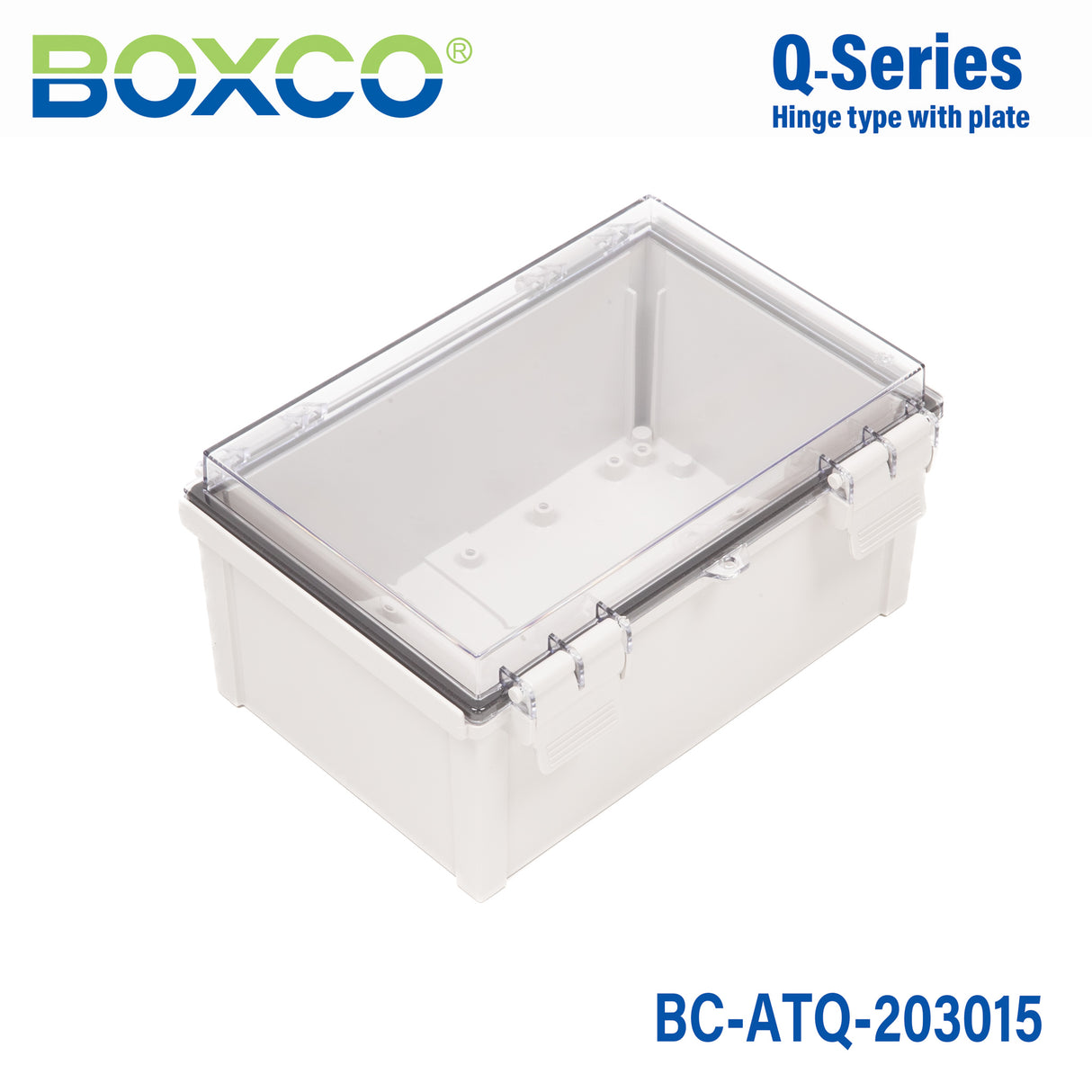 Boxco Q-Series 7.87 x 11.81 x 5.91 Inches(200 x 300 x 150mm) Plastic Enclosure, IP67, IK08, ABS, Transparent Cover, Plastic Hinge and Latch Type