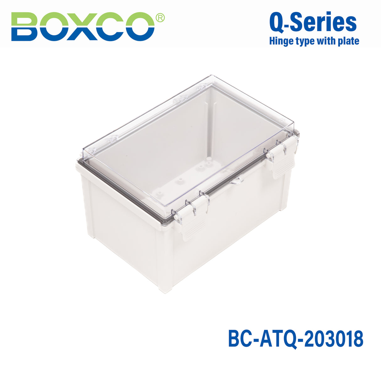 Boxco Q-Series 7.87 x 11.81 x 7.09 Inches(200 x 300 x 180mm) Plastic Enclosure, IP67, IK08, ABS, Transparent Cover, Plastic Hinge and Latch Type