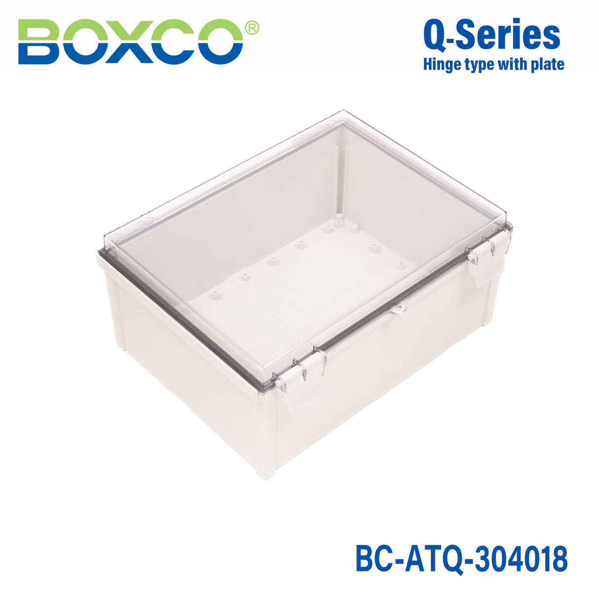 Boxco Q-Series 11.81 x 15.75 x 7.09 Inches(300 x 400 x 180mm) Plastic Enclosure, IP67, IK08, ABS, Transparent Cover, Plastic Hinge and Latch Type