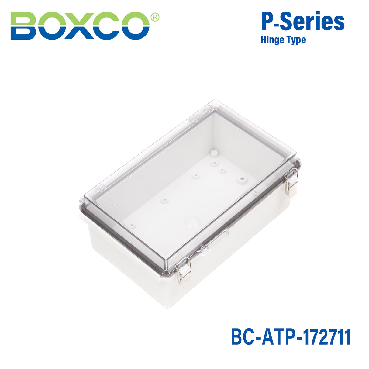 Boxco P-Series 6.69 x 10.63 x 4.33 Inches(170 x 270 x 110mm) Plastic Enclosure, IP67, IK08, ABS, Transparent Cover, Molded Hinge and Latch Type
