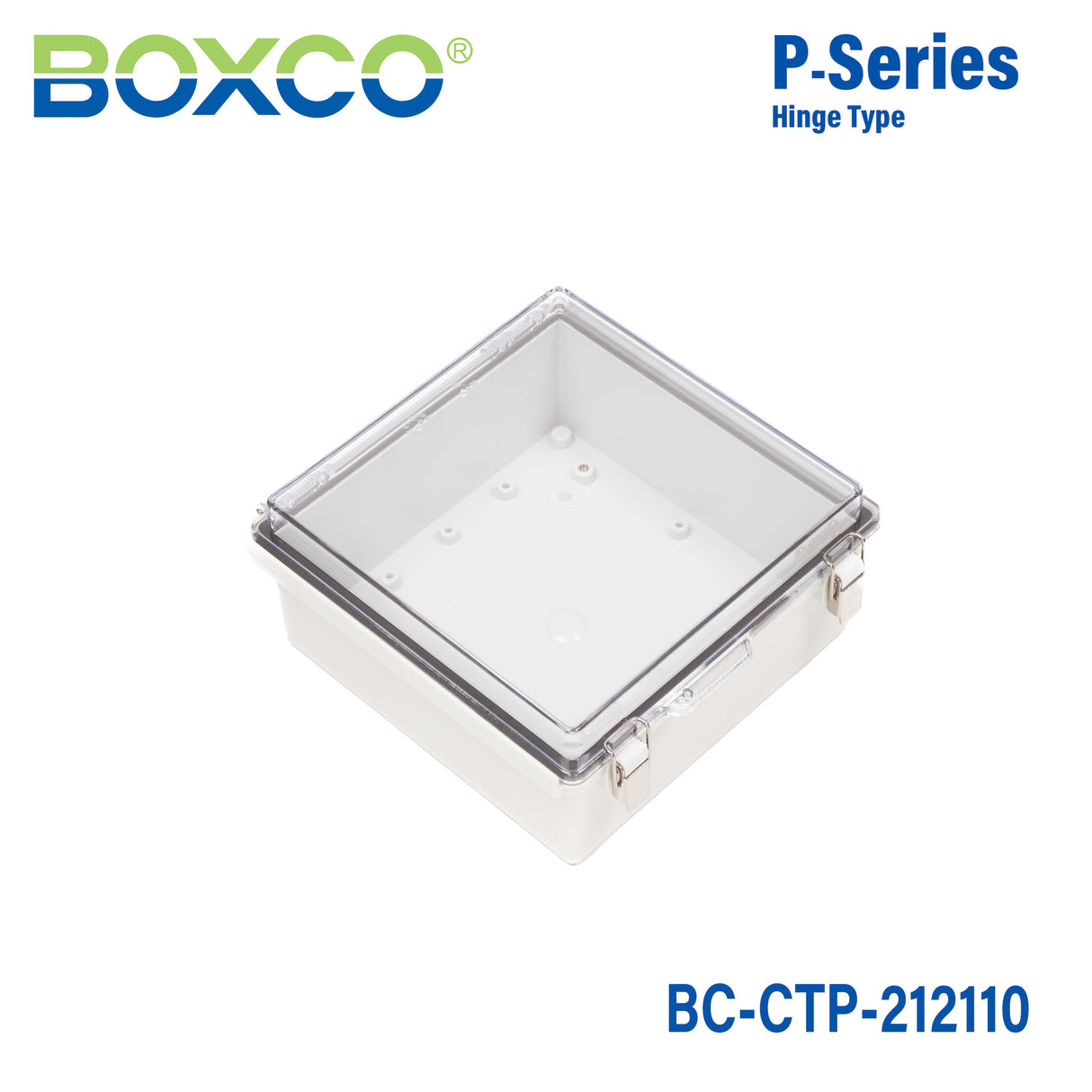Boxco P-Series 8.27 x 8.27 x 3.94 Inches(210 x 210 x 100mm) Plastic Enclosure, IP67, IK08, PC, Transparent Cover, Molded Hinge and Latch Type