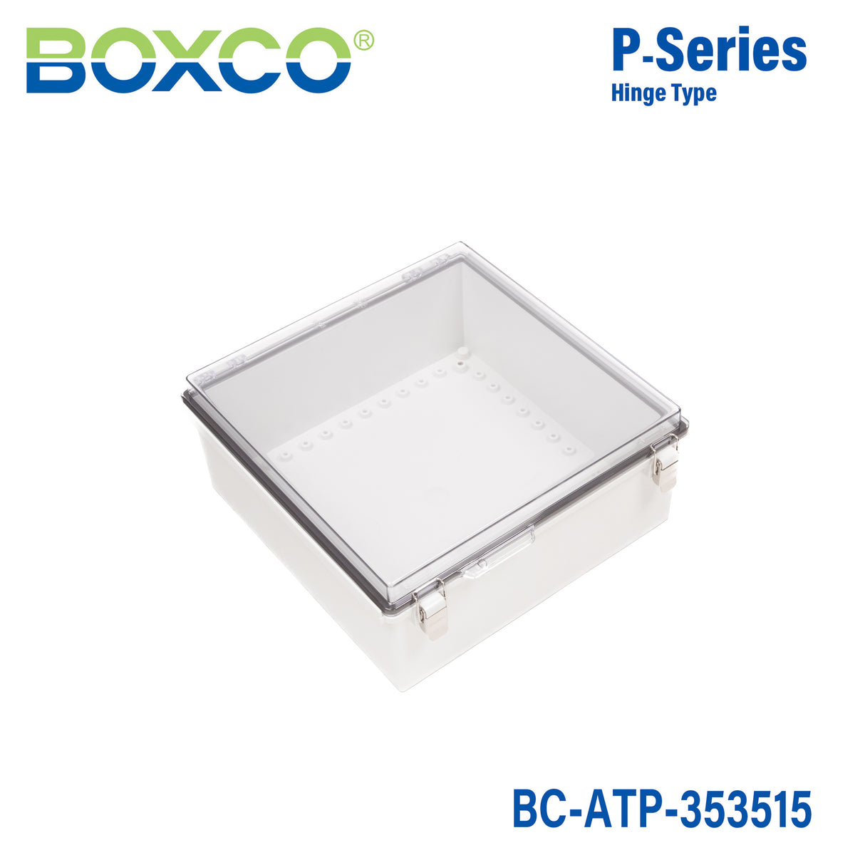 Boxco P-Series 13.78 x 13.78 x 5.91 Inches(350 x 350 x 150mm) Plastic Enclosure, IP67, IK08, ABS, Transparent Cover, Molded Hinge and Latch Type