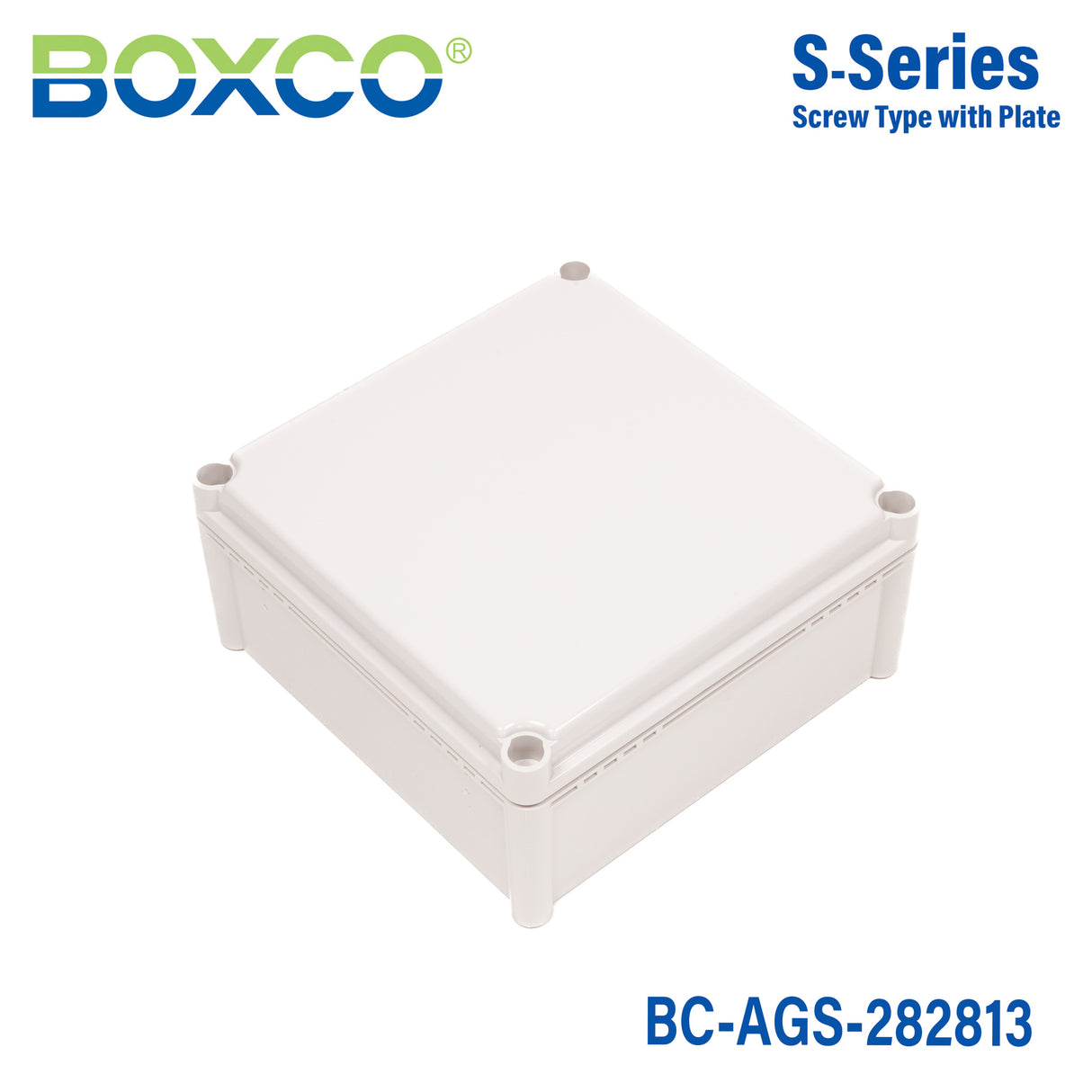 Boxco S-Series 11.02 x 11.02 x 5.12 Inches(280x280x130mm) Plastic Enclosure, IP67, IK08, ABS, Grey Cover, Screw Type