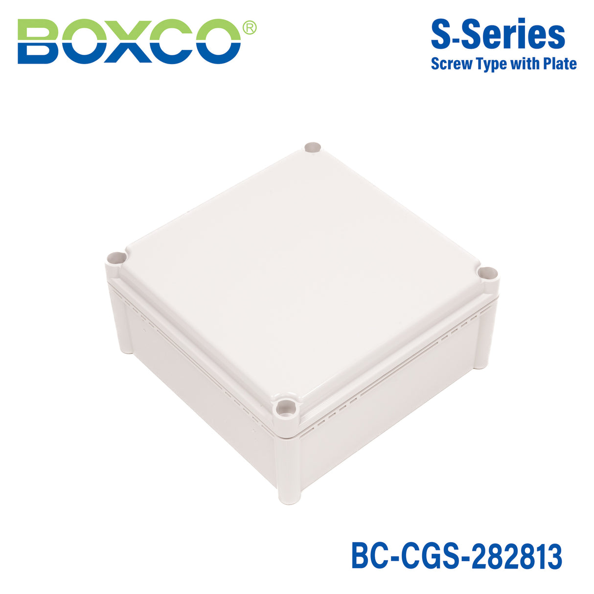 Boxco S-Series 11.02 x 11.02 x 5.12 Inches(280x280x130mm) Plastic Enclosure, IP67, IK08, PC, Grey Cover, Screw Type