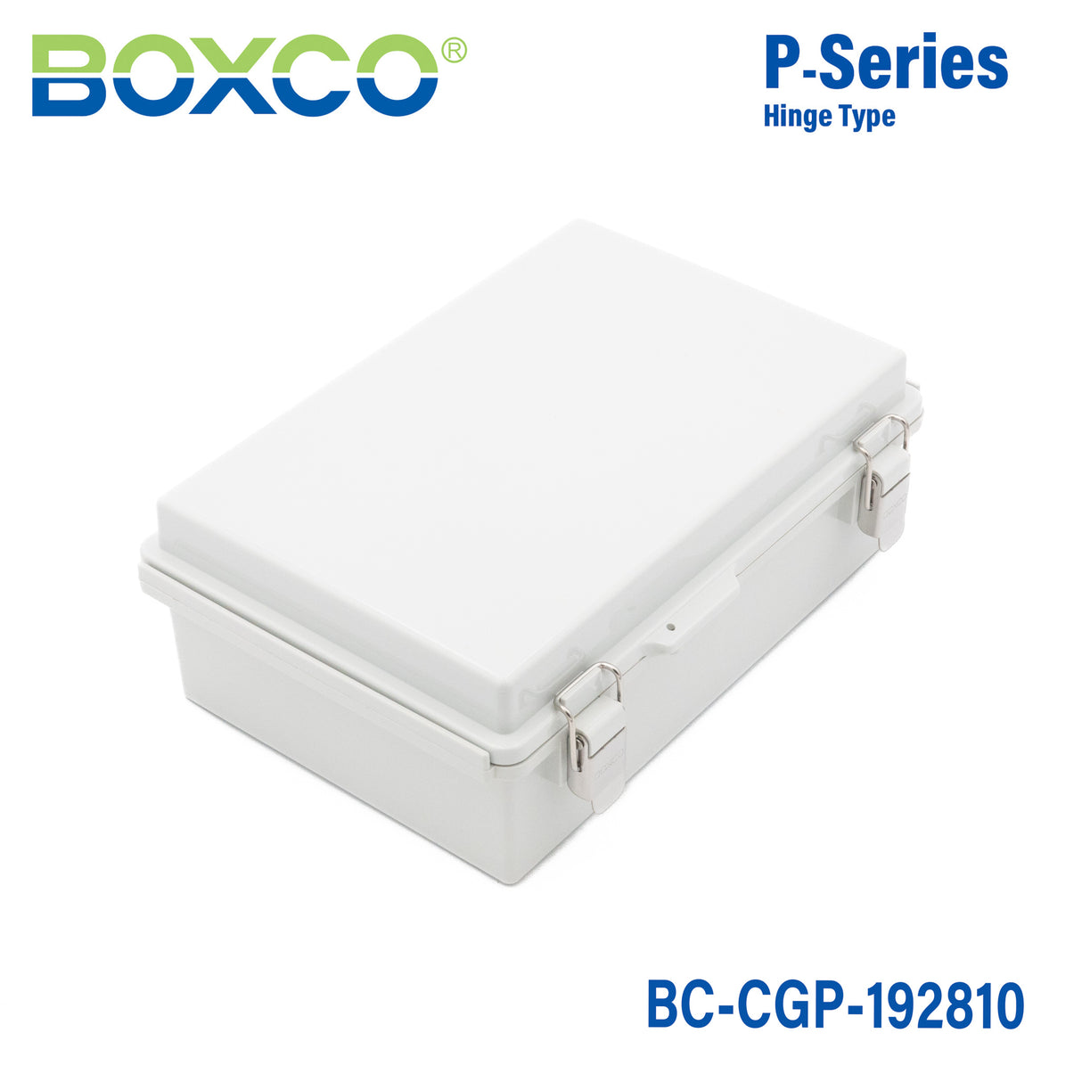 Boxco P-Series 7.48 x 11.02 x 3.94 Inches(190 x 280 x 100mm) Plastic Enclosure, IP67, IK08, PC, Grey Cover, Molded Hinge and Latch Type
