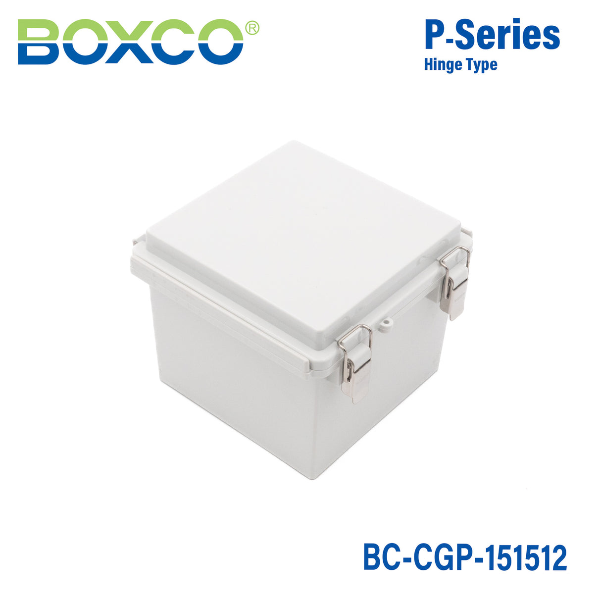 Boxco P-Series 5.91 x 5.91 x 4.72 Inches(150 x 150 x 120mm) Plastic Enclosure, IP67, IK08, PC, Grey Cover, Molded Hinge and Latch Type