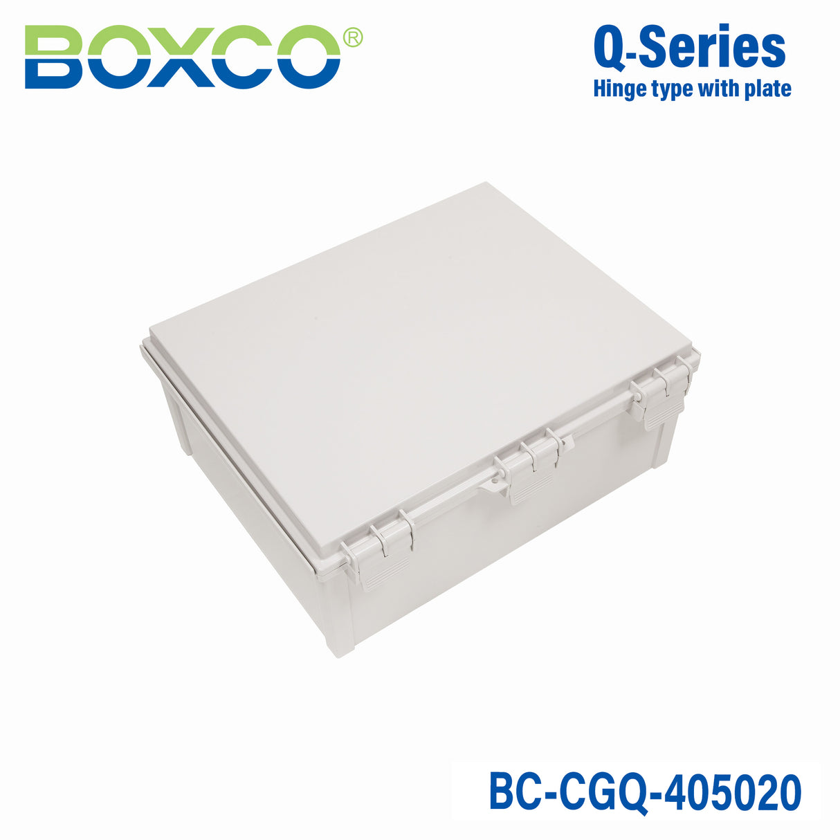 Boxco Q-Series 15.75 x 19.69 x 7.87 Inches(400 x 500 x 200mm) Plastic Enclosure, IP67, IK08, PC, Grey Cover, Plastic Hinge and Latch Type