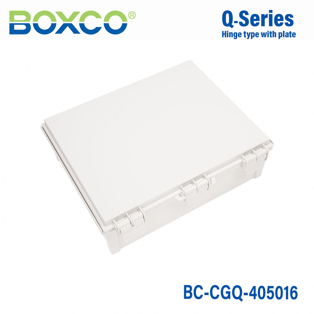 Boxco Q-Series 15.75 x 19.69 x 6.30 Inches(400 x 500 x 160mm) Plastic Enclosure, IP67, IK08, PC, Grey Cover, Plastic Hinge and Latch Type