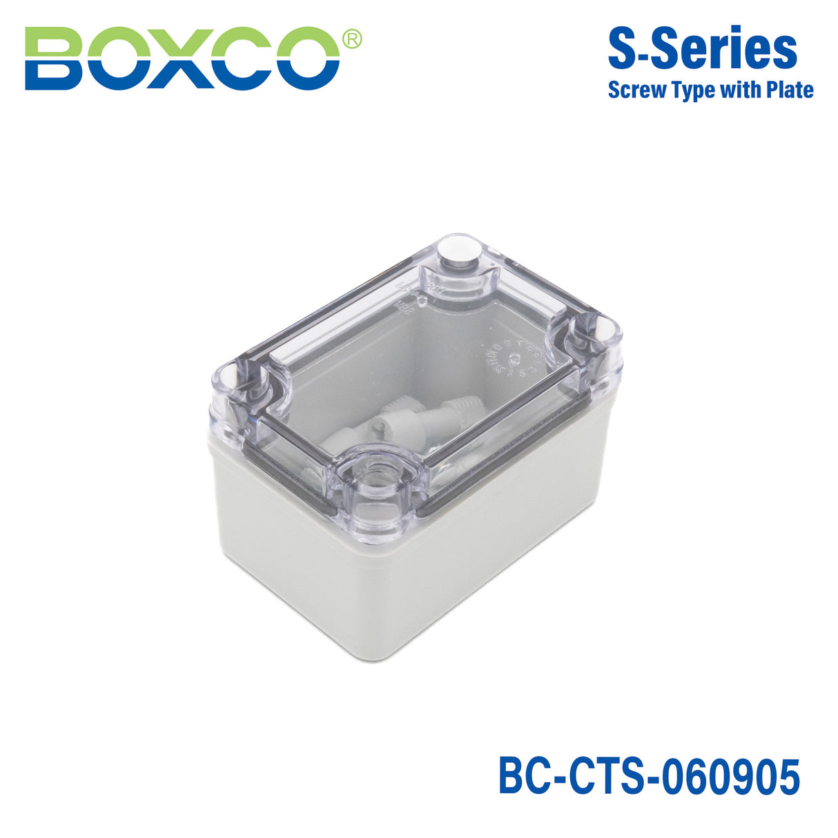 Boxco S-Series 2.56 x 3.74 x 2.17 Inches(65x95x55mm) Plastic Enclosure, IP67, IK08, PC, Transparent Cover, Screw Type