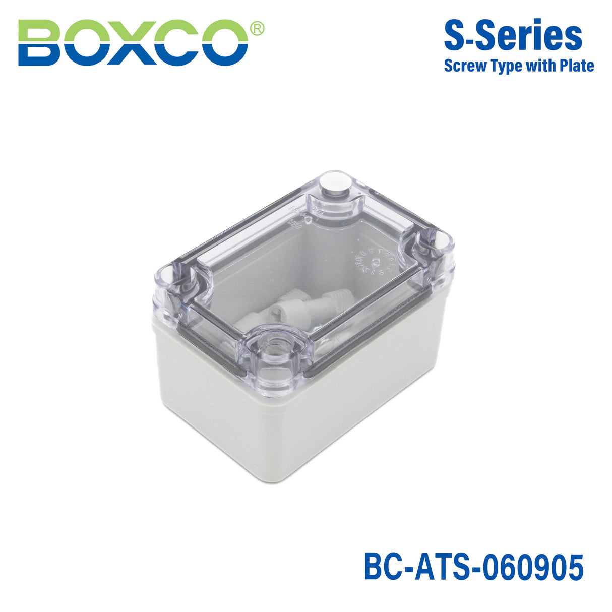 Boxco S-Series 2.56 x 3.74 x 2.17 Inches(65x95x55mm) Plastic Enclosure, IP67, IK08, ABS, Transparent Cover, Screw Type