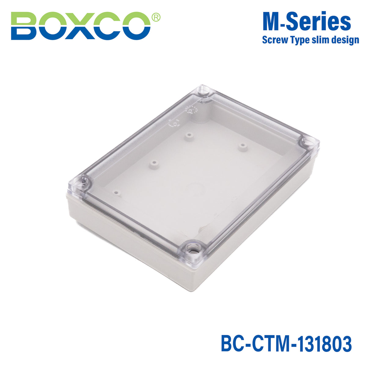 Boxco M-Series 5.12 x 7.09 x 1.38 Inches(130 x 180 x 35mm) Plastic Enclosure, IP67, IK08, PC, Transparent Cover, Screw Type