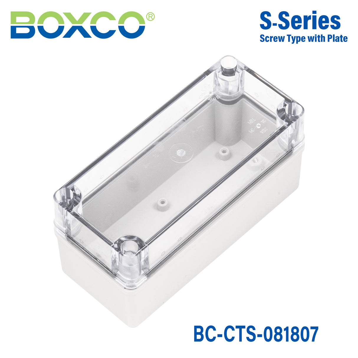 Boxco S-Series 3.15 x 7.09 x 2.76 Inches(80x180x70mm) Plastic Enclosure, IP67, IK08, PC, Transparent Cover, Screw Type