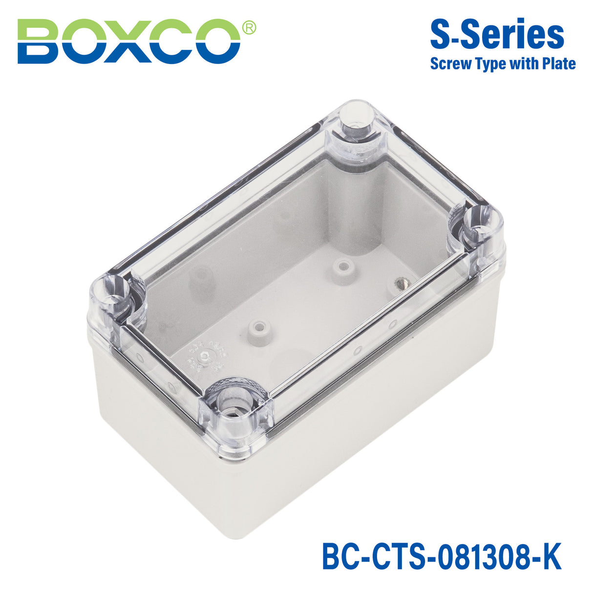Boxco S-Series 3.15 x 5.12 x 3.35 Inches(80 x 130 x 85mm) Plastic Enclosure, IP67, IK08, PC, Transparent Cover, Screw Type